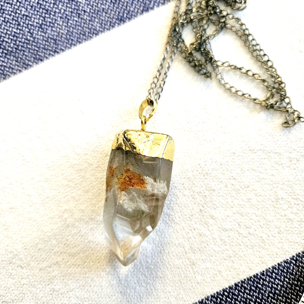 Large Quartz Crystal Pendant Necklace With Long Chain